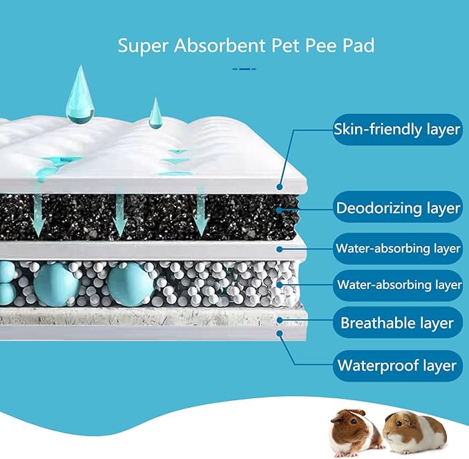 Guinea Pig Pee Pads, Disposable Rabbit Cage Liners, Charcoal Odor Controlling Absorbent Waterproof Pee Pads for Hamster, Bunny, Ferret, Chinchilla and Other Small Animals (24" x 18", 60 PCS)