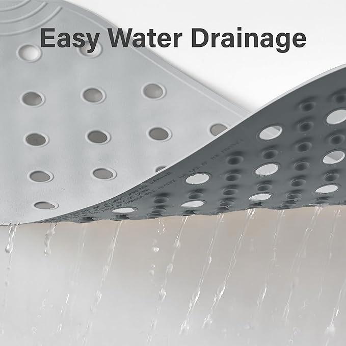 Rubber Bathtub Mat Shower Mat Non-Slip, 39x16 Inch, Bath Tub Floor Mat with Suction Cups and Drainage Holes, Grey