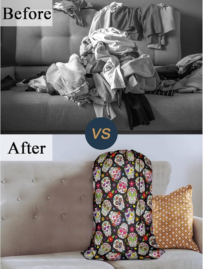 Swono Sugar Skull Drawstring Closure Dirty Clothes Bag Organizer, Heavy Duty Large Laundry Bag, Day Of The Dead Mexican Skeleton Floral Rip-Stop Bags for Camp Travel, Machine Washable, Spooky