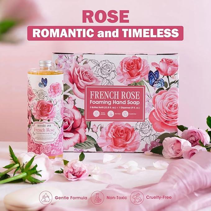 ROMIIE ZOI Rose Foaming Hand Soap Refill Gift Set – 3 Pack (33.8 Fl Oz Each) with Refillable Dispenser, Romantic Floral Scent, Moisturizing & Biodegradable for Bathroom, Kitchen, Sensitive Skin