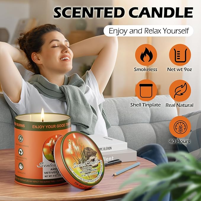 Decorative Candles for Home, Scented Wax, Indoor Use (Amber & Vetiver & Musk)
