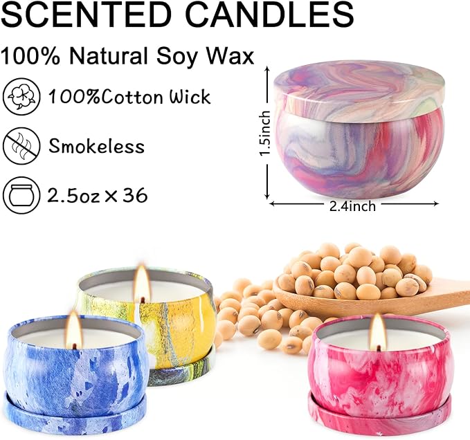 Scented Candles Gift Set 2.5 oz×36 Pack, Soy Wax Aromatherapy Candles for Home, Travel Tin Candles for Yoga Sleep Relax Body