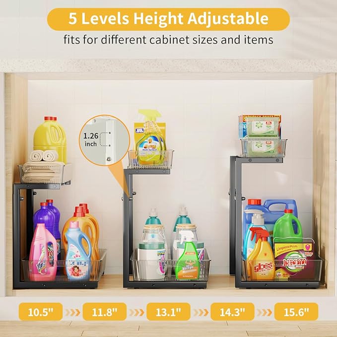 Under Sink Organizer, Under Sink Organizers and Storage with Adjustable Height and PET Basket, Pull Out Under Cabinet Organizer for Counter Kitchen, Vanity, Laundry, Pantry (2Packs, Black)