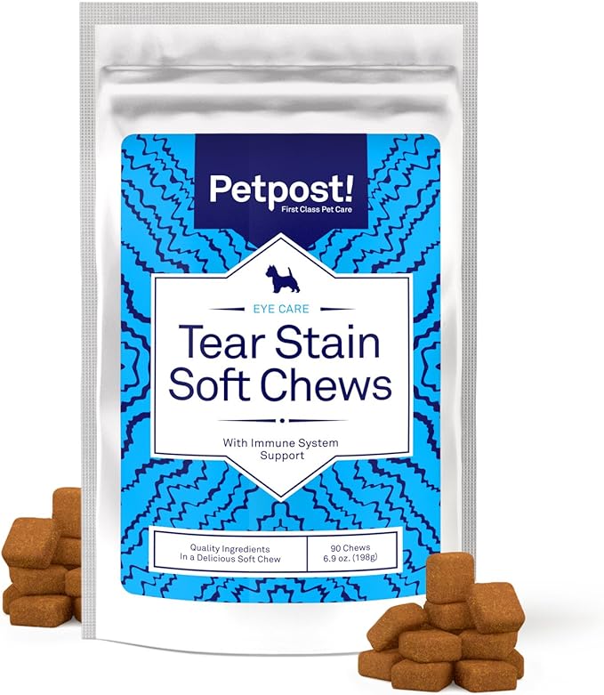 Petpost Tear Stain Remover Soft Chews for Dogs | 90 Count Cheese Flavor Dog Tear Stain Support Supplement | Gentle Eye Care for White Dogs & Light Breeds | Tylosin Free, Made in USA