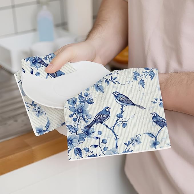 2 Pcs Artistic Bird Kitchen Towels, Floral Art Decorative Absorbent Microfiber Dish Cloth Tea Towel, Waffle Soft Hand Towels for Farmhouse Home Bathroom, Housewarming Gifts