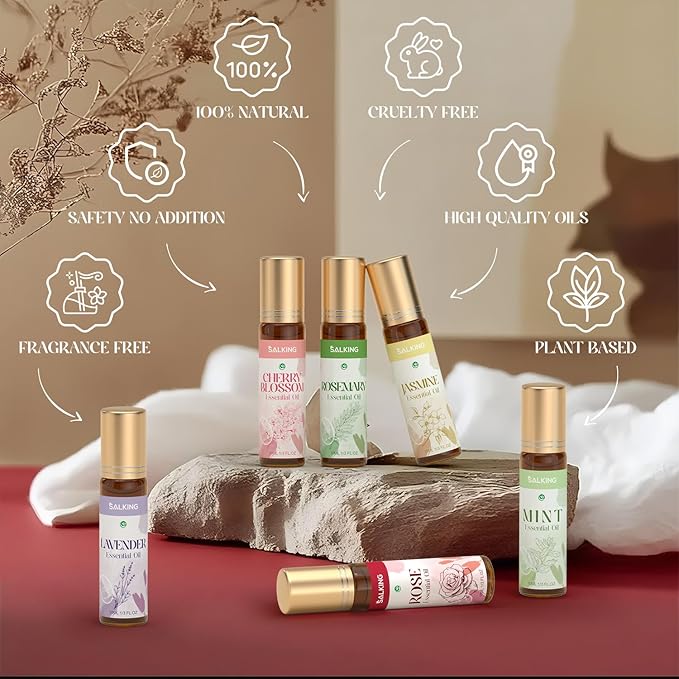 SALKING Essential Oils Roll On Set with Dried Flowers(6 Pack), Aromatherapy Oil with Roller Ball for Skin Use, Natural Fragrance Gift - Rose, Lavender, Cherry Blossom, Jasmine, Mint, Rosemary