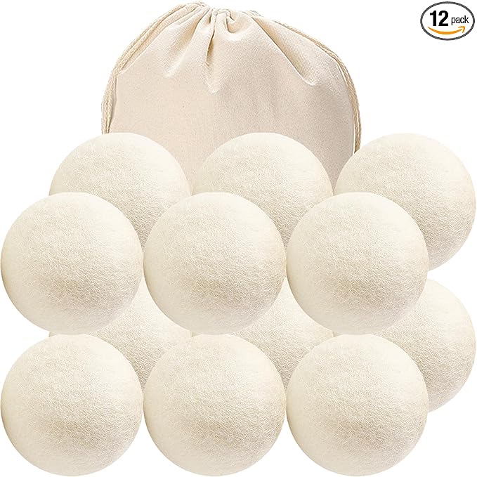 12 Pack Wool Dryer Balls XL Reusable Laundry Balls for Dryer Natural Fabric Softener Ball with 1 Storage Bags Reduce Wrinkles and Decrease Drying Time
