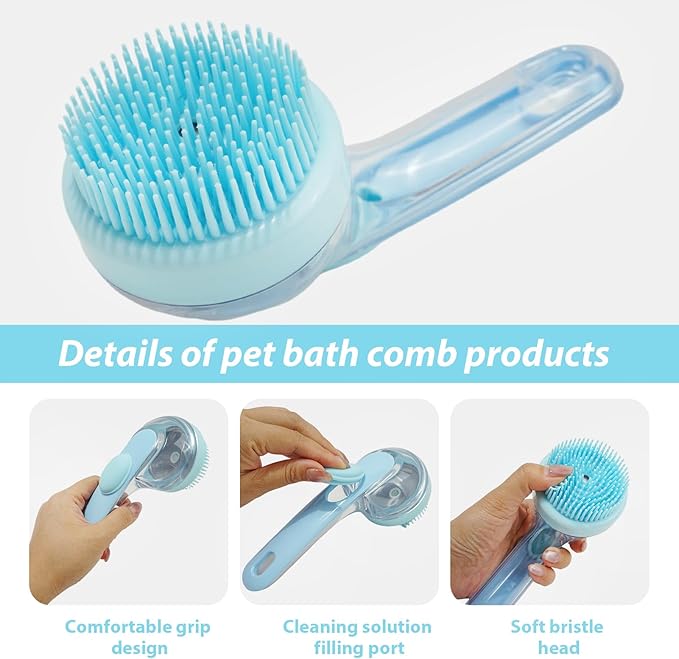Dog Bath Brush, 2 in 1 Pet Bath Brush with Shampoo Dispenser - Pet Grooming Massage Brush with Silicone Bristles for Long Haired Dogs, Cats