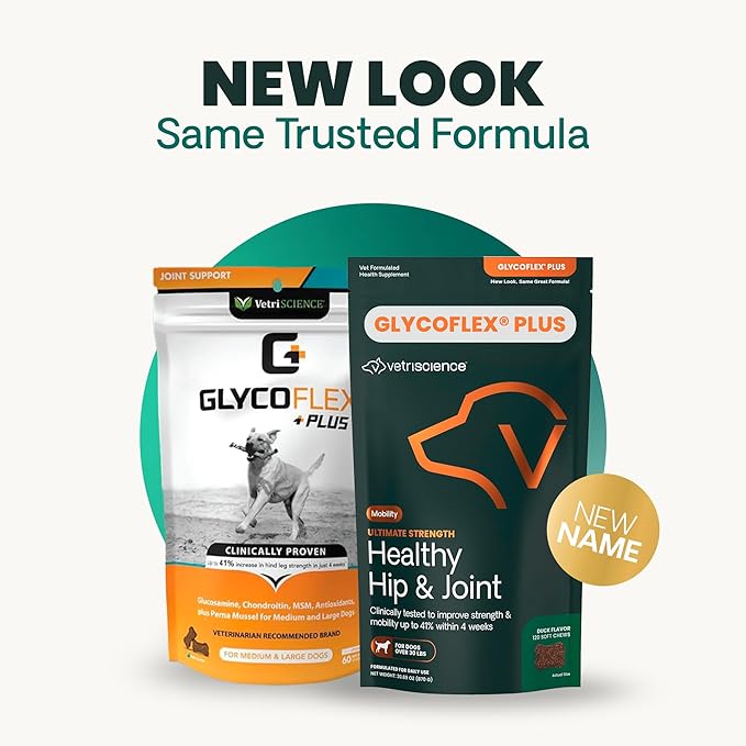 VetriScience GlycoFlex Ultimate Strength Healthy Hip & Joint Glucosamine Supplements for Dogs, with MSM, Chondroitin & Green-Lipped Mussel, Soft Chews, Bacon, 120 Count - New Look