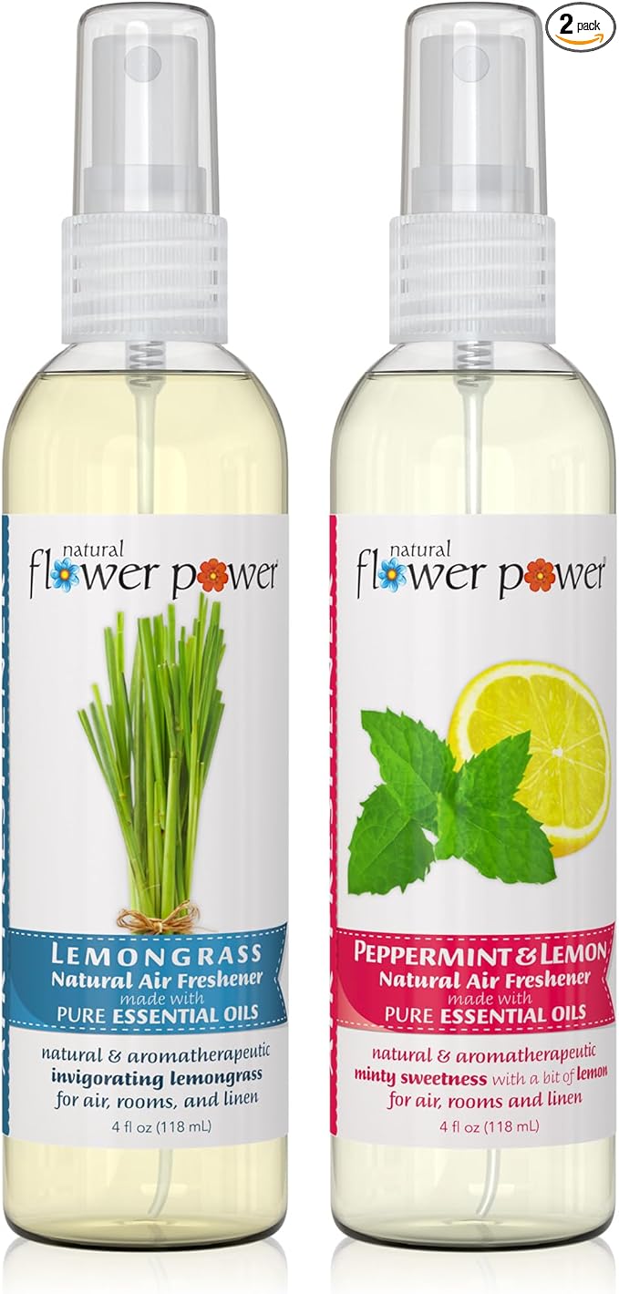 Natural Flower Power Air Freshener Spray - Odor Eliminator w/Essential Oils - Home, Car & Fabric - Cruelty Free & Vegan - Variety Pack - Lemongrass and Peppermint & Lemon - 2 x 4 fl oz