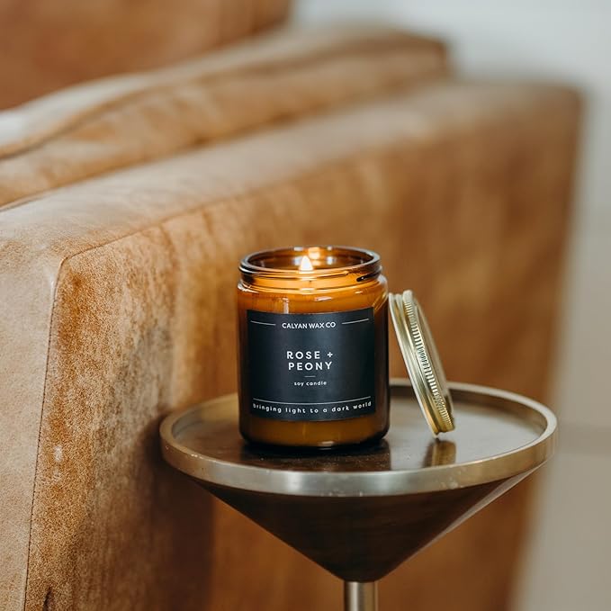 Calyan Wax Co. Soy Wax Candle, Rose + Peony Scented Candle, 57 Hour Burn Time, Aromatherapy Soy Candles, Non Toxic & Vegan Soy Wax, Amber Glass Jar Scented Candles, 7.2oz