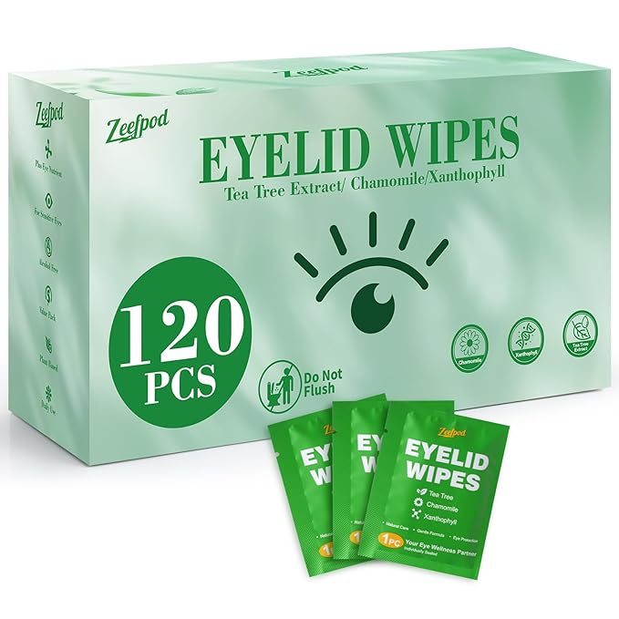 120PCS Tea Tree Oil Eyelid Wipes – Individually Wrapped Eye Lid Cleaning Wipes，Soothing For Sensitive Eyes, Stay Hydrated Lid Wipe