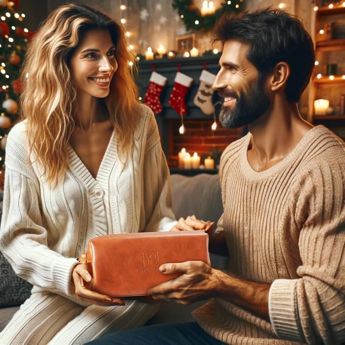 Luxury Mens Bath and Body Gift Set Basket For Him - Smoky Sandalwood - All Natural Skin Care Kit For Men w. Full Size Body Wash, Facial Scrub, Body Lotion, Deodorant in Leather Toiletry Bag