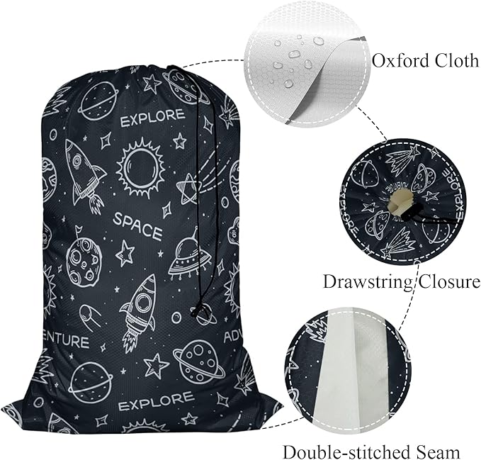 Swono Space Elements Laundry Bag with Strap Large Dirty Clothes Organizer Sketch Stars Rocket Planets Sun Universe Cosmos Explore Easy Fit Laundry Hamper Basket, Carry Up to 4 Loads of Laundry, Galaxy