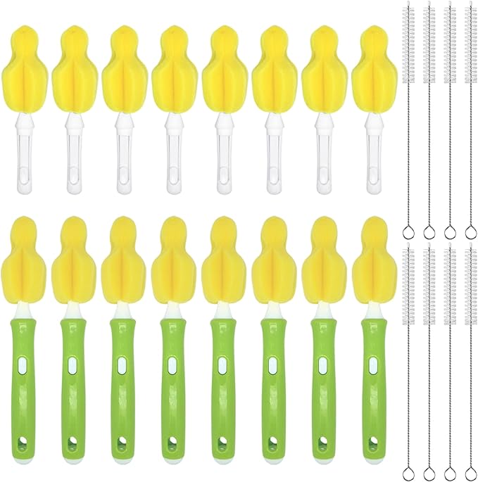 INVODA 24 Piece Sponge Nipple Bottle Brushes, Baby Bottle Brush with Nipple Cleaner, Replacement Heads and Straw Brushes