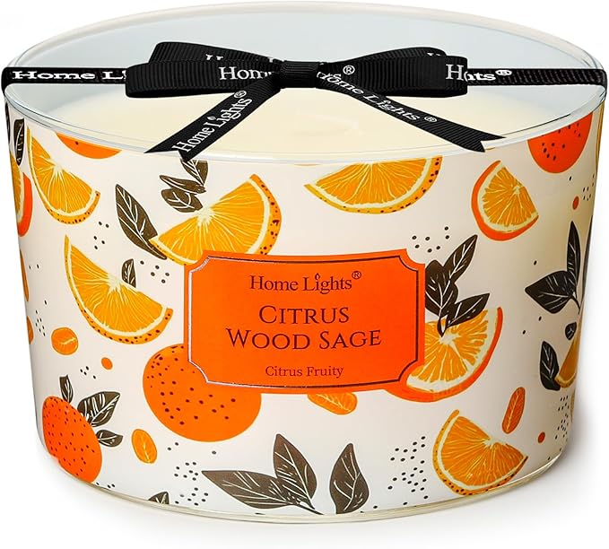 HomeLights Citrus Wood Sage Scented Candles | 18oz Soy Candles Eclectic Mixed Styles 4-Wick Large Candle Jars | Ideal Candle Gifts for Events, Home Decor Stress, Relief & Relaxation