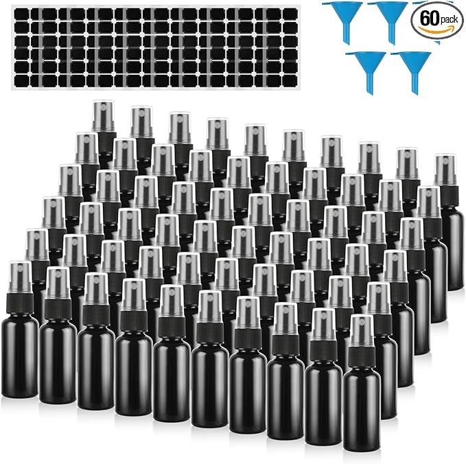 60 Pack 1 oz Spray Bottle, Black Spray Bottle with Small Fine Mist Spray and Plastic Cap, Refillable for for Essential Oils, Bath, Beauty, Hair & Cleaning