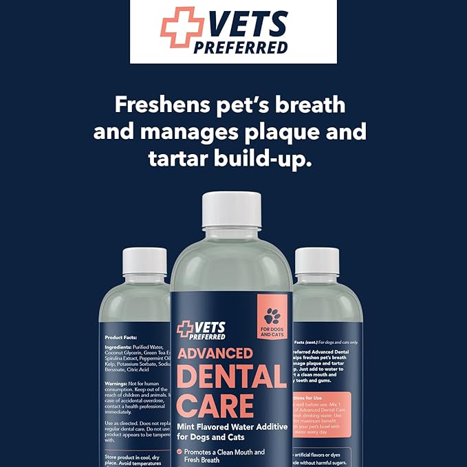 Vets Preferred Dog Breath Freshener & Water Additive for Dental Care – Fights Bad Breath, Removes Tartar & Plaque – Dog Mouthwash for Healthy Teeth & Gums, Gingivitis Support – Mint Flavor