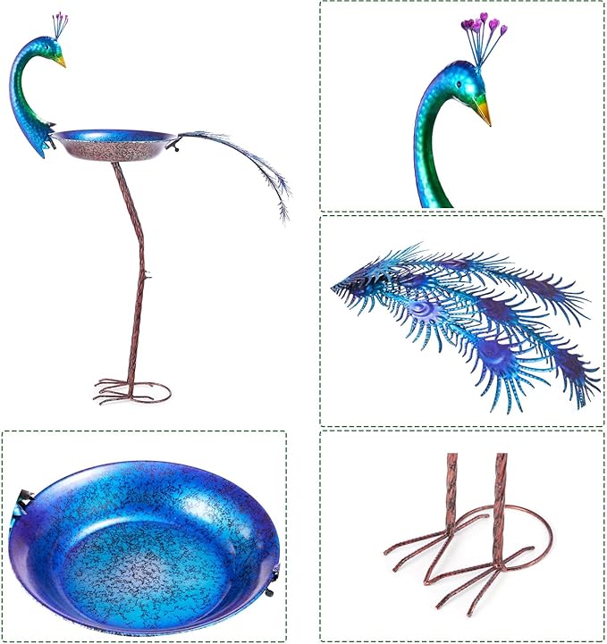 12.8" W*38.2" H Peacock Bird Baths for Outdoor, Metal Bird Feeder Seed Trayr,Bird Bath Drinker Plate, Garden Lawn Yard Decor(Multicolor)