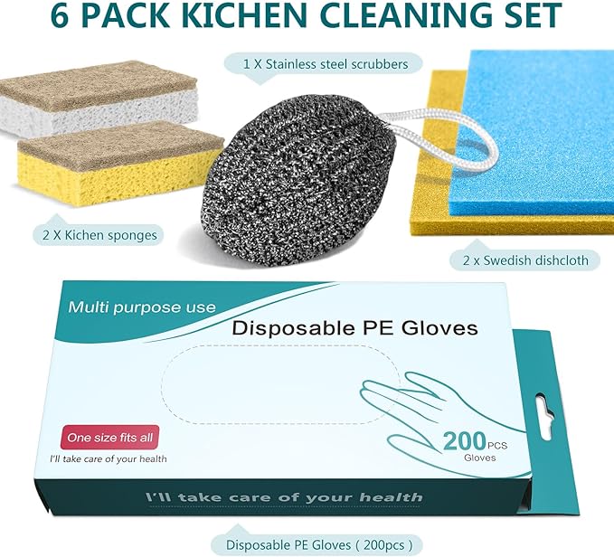200PCS Plastic Gloves Disposable, Cellulose Kitchen Cleaning Sponge, Swedish dishcloths,Steel Wool Scrubbers,Set of Cleaning Supplies Housewarming Gift(6)