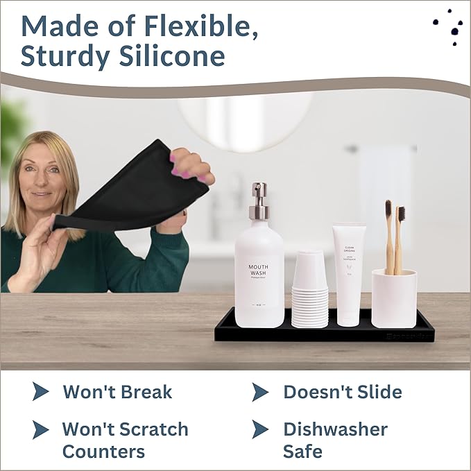 Countertop and Vanity Tray - 11.7" Silicone Bathroom Tray Countertop, Dish Soap Trays for Kitchen Counter, Organizer Accessories Caddy, Toilet Laundry Shower Oil Makeup Mat, Black