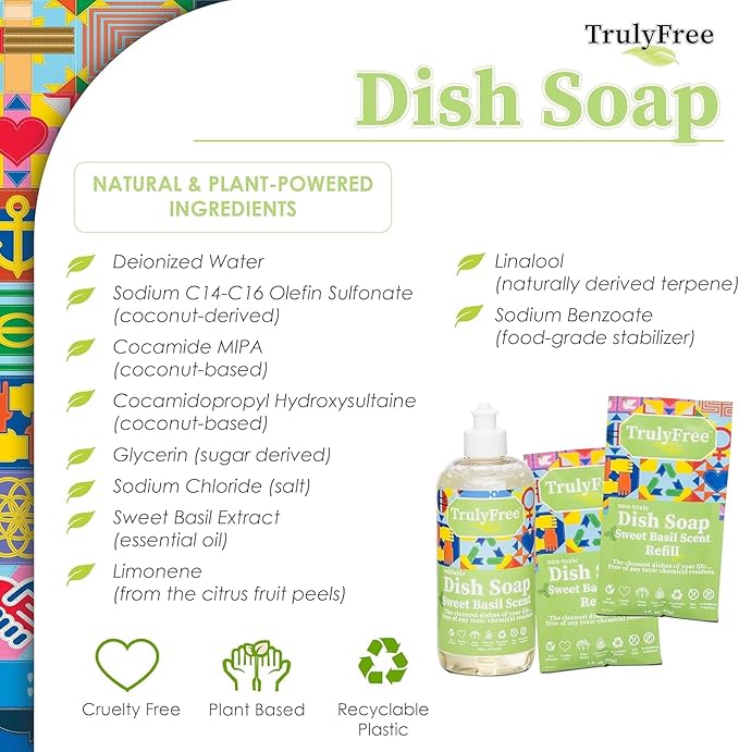 Truly Free Natural Concentrated Dish Detergent Dishwashing Liquid | Plant-Based Dish Soap | Sweet Basil Fresh Scent | Pack of 3
