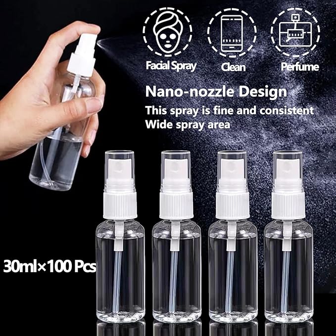 100PCS 1oz/30ml Small Mini Spray Bottles with 150pcs Labels, Clear Travel Spray Bottles Refillable Fine Mist Plastic Empty Bottle, Refillable Cosmetic Containers for Plants,Cleaning, Misting&Skin Care