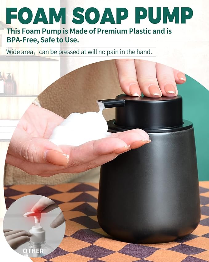 Bosilunlife Ceramic Foaming Soap Dispenser - 12Oz Matte Black Foam Hand Soap Dispenser Bathroom Countertop Kitchen Dish Soap Pump Dispenser Liquid Wash Dispenser for Bathroom