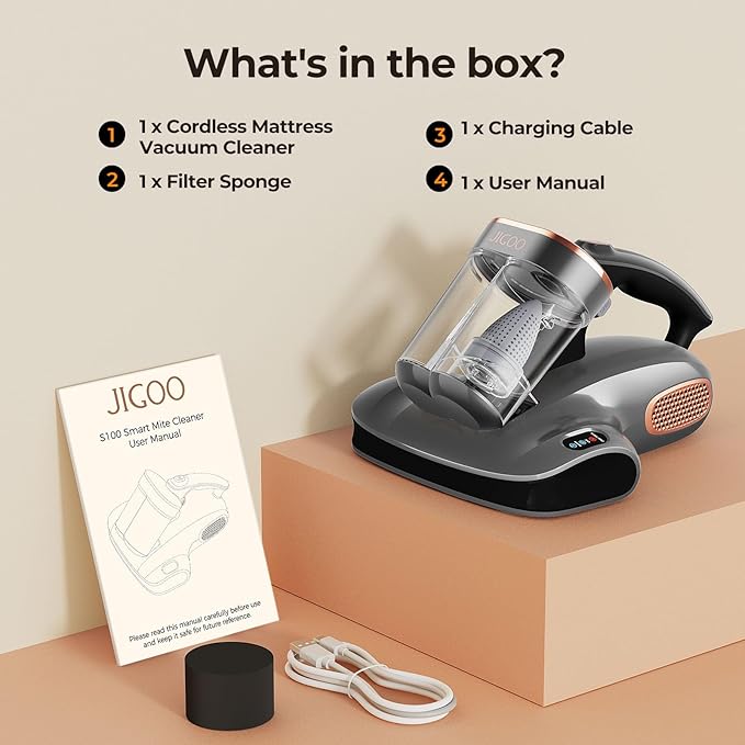 JIGOO Mattress Vacuum Cleaner with UV-C Light, Bed Vacuum Cleaner with Dust Sensor, Ultrasonic and High Heating, Deep Cleaning Bed Vacuum for Sofa Bed Fabric Surface (S100 Cordless)
