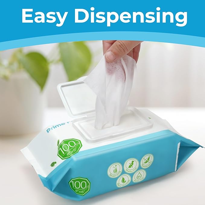 Prime Pets Dog Grooming Wipes, 600 Count, 6x8 Inch Deodorizing Wipes for Dogs & Cats, 100% Fragrance Free, Natural Pet Wipes for Cleaning Face Bum Eyes Ears Paws Teeth, Dog Wipes