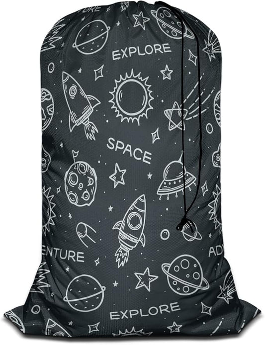 Swono Space Elements Laundry Bag with Strap Large Dirty Clothes Organizer Sketch Stars Rocket Planets Sun Universe Cosmos Explore Easy Fit Laundry Hamper Basket, Carry Up to 4 Loads of Laundry, Galaxy