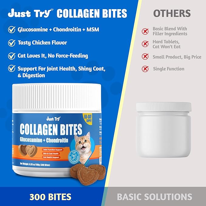 Just Try 300 Bites Collagen Bites Cat Treats for Cat Glucosamine Chondroitin, Collagen Supplements for Joint Health - Chicken Flavor - Cat Supplements 6.35 oz