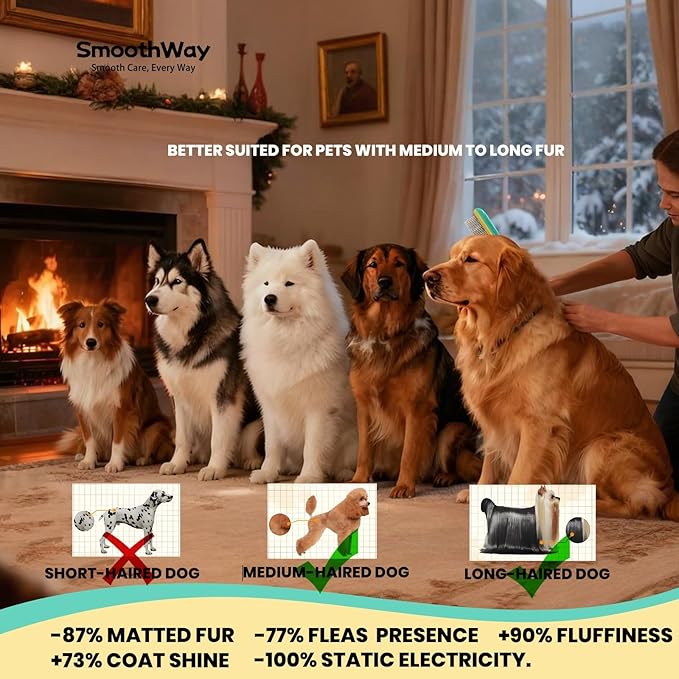 Professional Flea Comb for Long Haired Dogs & Cats - 3-Row Stainless Steel Dematting Tool with Negative Ions | Detangling Comb for Poodles Includes Cleaning Brush