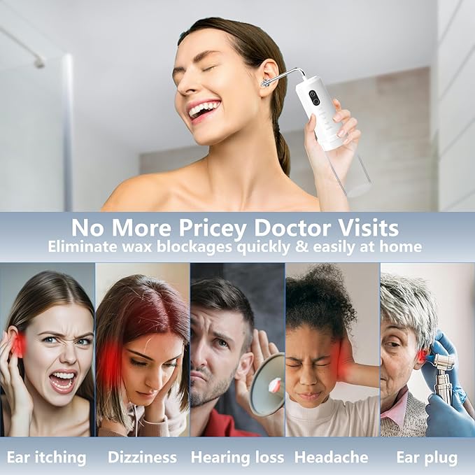 Ear Wax Removal, 2 in 1 Electric Ear Cleaning Kit with 4 Pressure Modes, Portable Water Powered Ear Cleaner with Basin and Nasal Nozzles, Ear Irrigation Flushing System for Adults and Kids, White