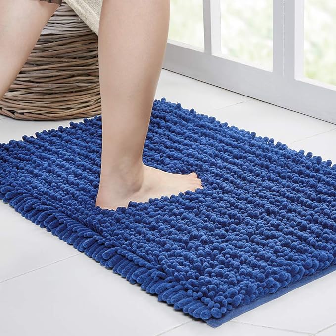 Walensee Large Bathroom Rug Non Slip Bath Mat (24x60 Inch Dark Blue) Water Absorbent Super Soft Shaggy Chenille Machine Washable Dry Extra Thick Perfect Absorbant Best Plush Carpet for Shower Floor
