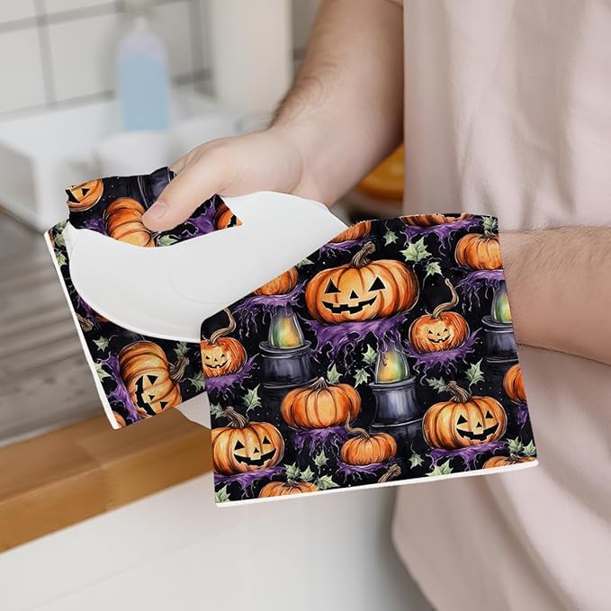 2 Pcs Halloween Spooky Ghost Kitchen Towels, Gothic Pumpkin Decorative Absorbent Microfiber Dish Cloth Tea Towel, Waffle Soft Hand Towels for Farmhouse Home Bathroom, Halloween Decor