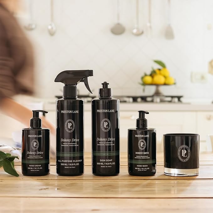 Preston Lane Signature Home Set – All Purpose Cleaner, Dish Soap, Hand Wash, Hand Cream & Scented Candle | Plant-Powered Cleaning & Care Essentials with Fine Italian Fragrance, Doheny Drive