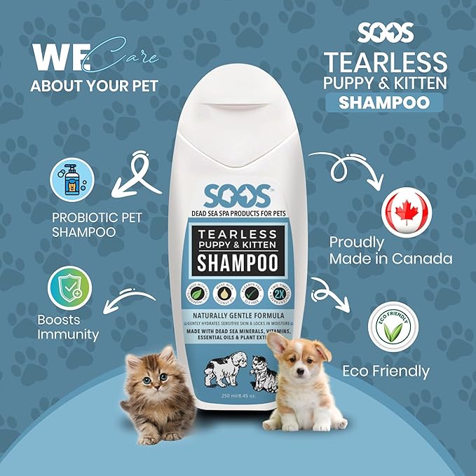 Soos Pet Shampoo Natural Dead Sea Tear-Less Fast Absorbing with Vitamins Minerals for Puppy and Kitten - 1x (250ml / 8.45 oz)