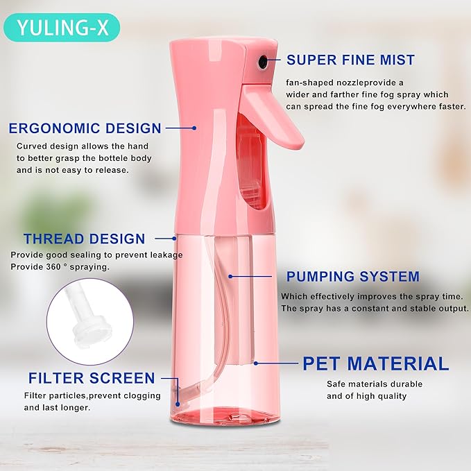 hair spray bottle, ultra-fine spray continuous spray bottle (200ml/6.8oz), used for hair design, vegetation, cleaning and skin care - empty, reusable (Pink transparent)