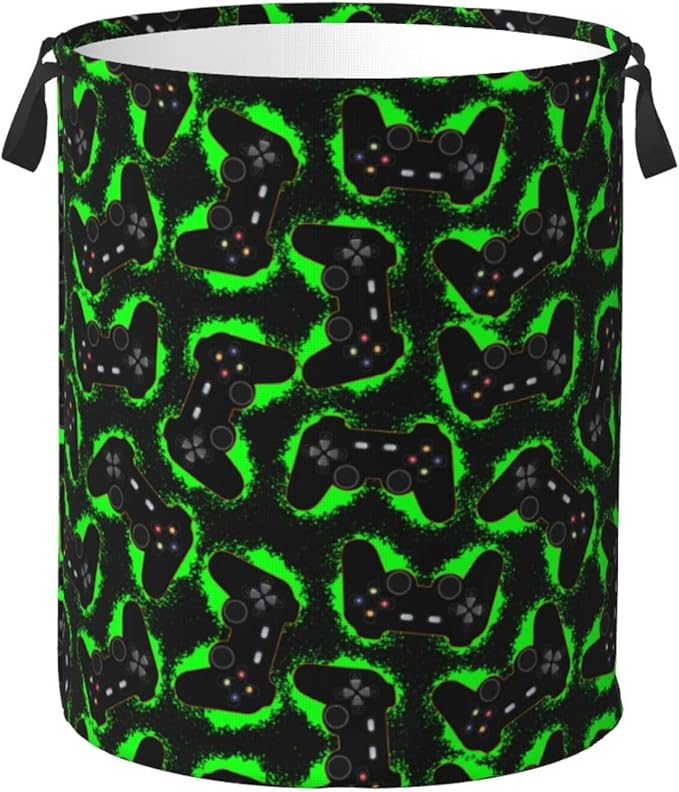 Game Joystick Laundry Hamper Bag With Waterproof Liner - Gamer Gamepad Round Laundry Basket Foldable Clothes Storage Organizer For Bathroom Bedroom Nursery Dorm, S-16.5"X 13.8"