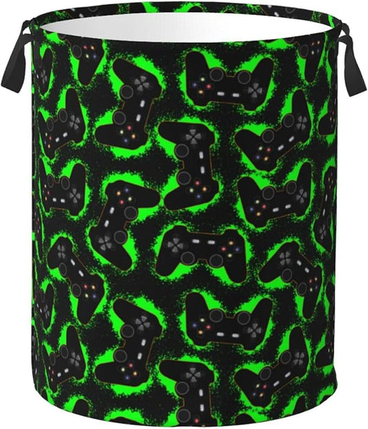 Game Joystick Laundry Hamper Bag With Waterproof Liner - Gamer Gamepad Round Laundry Basket Foldable Clothes Storage Organizer For Bathroom Bedroom Nursery Dorm, S-16.5"X 13.8"