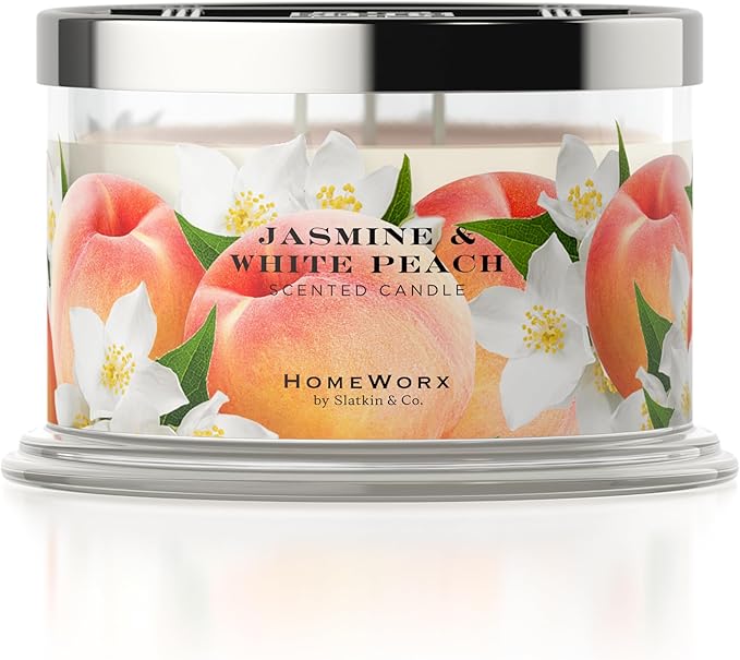 HomeWorx by SLATKIN + CO. Candle- Jasmine & White Peach, 18 oz. Premium Scented Candle - 30-55 Hours Burn Time