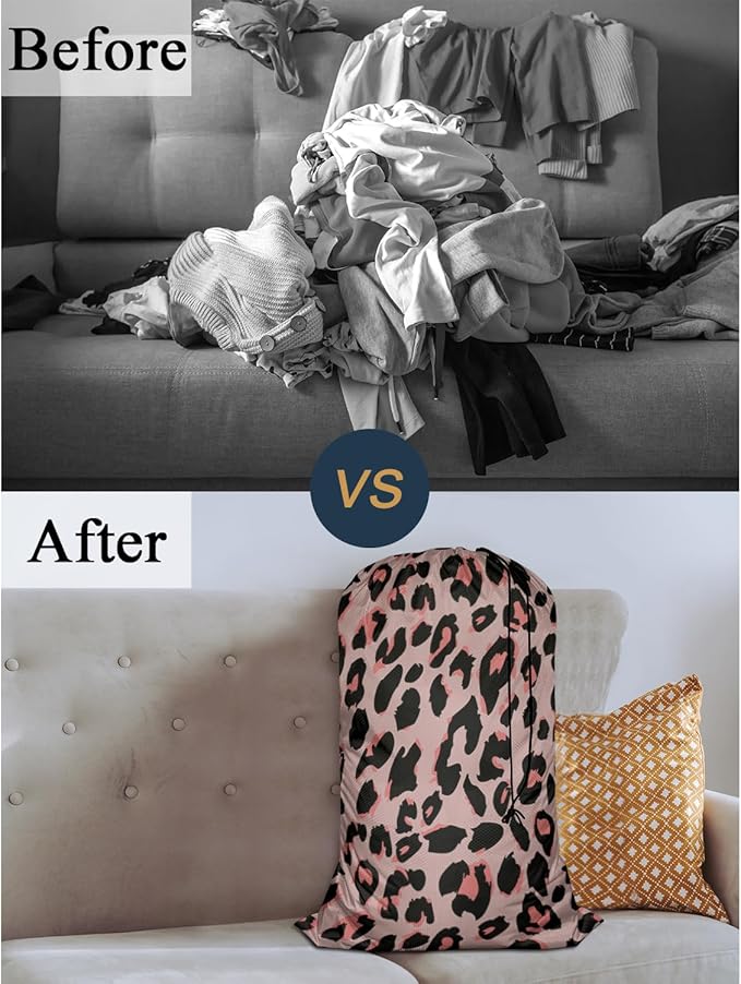 Swono Leopard Skin Pattern Laundry Bag with Strap Machine Washable Large Dirty Clothes Organizer Repeat Animal Print Safari Easy Fit Laundry Hamper or Basket, Carry Up to 4 Loads of Laundry, Black