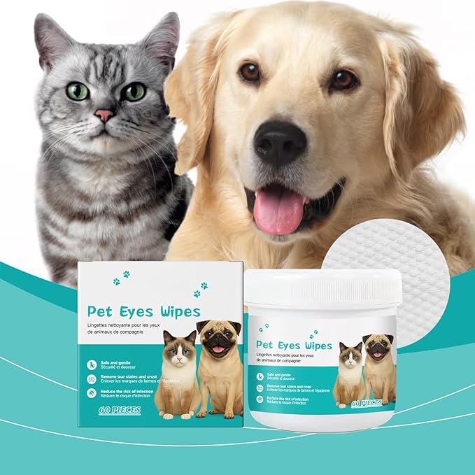 Pet Eye Wipes for Dogs & Cats, Tear Stain Remover for Dogs, Dog Ear Wipes, Cat Ear Cleaner, Non-Irritating, Remove Ear Wax and Dirt with Natural Ingredients - 60 Counts
