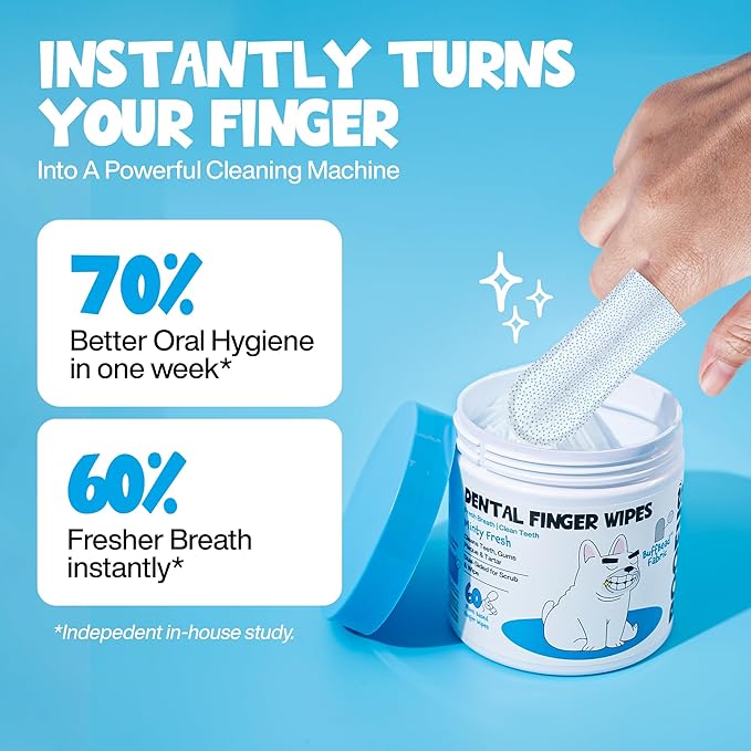 Dog Teeth Cleaning Wipes 60 Packs - Dental Wipes to Reduce Plaque & Tartar for Dogs & Cats - Mint Pet Dental Wipes for Oral Freshness - Dog Tooth Brushing Kit Dental Wipes