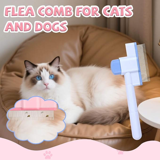 3 Pcs Pet Flea Comb Set, Self Cleaning Pet Comb with Stainless Steel Teeth, Flea Brush for Cat & Dogs with Scissors