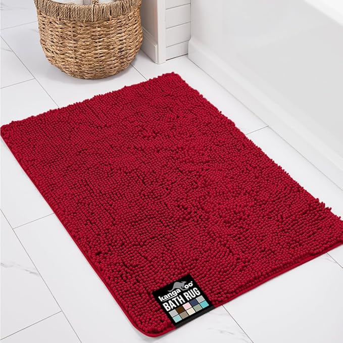 KANGAROO Bathroom Rugs, Chenille Soft Absorbent Bath Rug, Shaggy Shower Mat, Quick Dry Machine Wash Bathmat, Plush Carpet Mats for Tub, Bathtub and Room Home Decor Accessories, 30x20, Red