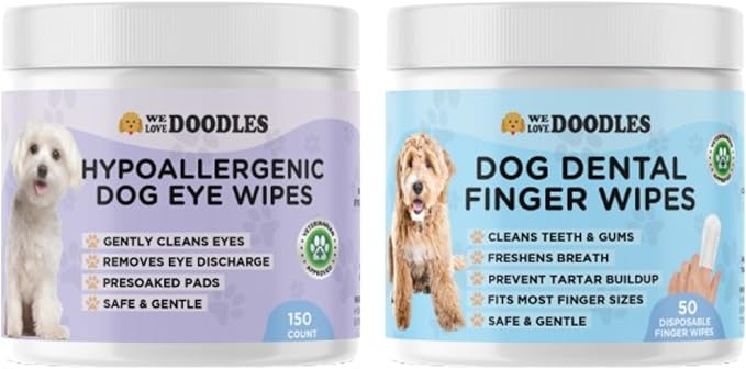 We Love Doodles 50 pcs Dog Teeth Cleaning Wipes & 150 pcs Dog Eye Wipes Bundle - Pet Dental Finger Wipes for Dogs, Freshens Breath Dog Dental Wipes, Pet Eye Wipes Pads & Safe Dog Eye Cleaner