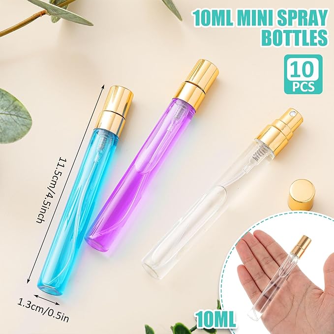 Zhehao 50 Pcs Mini Spray Bottles 10 ml Clear Glass Perfume Bottles Refillable Fine Mist Perfume Atomizer Portable Empty Sample Containers for Cleaning, Essential Oils, Travel (Gold Cap)