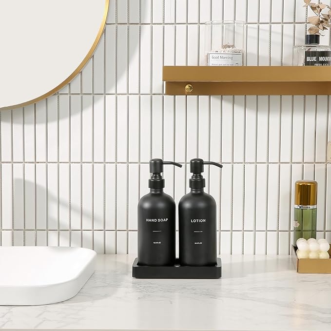 Black Soap Dispenser Bathroom Set, Soap and Lotion Dispenser Set with Stainless Steel Pump, Perfect for Bathroom Decor. (Black)